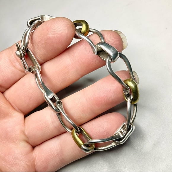 Heavy Sterling Silver Bracelet Stirrup Motif Brass Accent Links - Picture 4 of 4